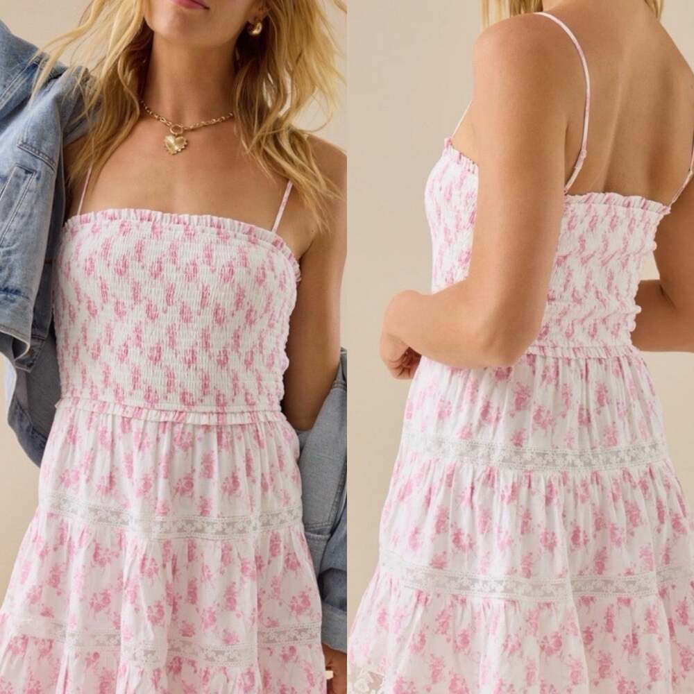Altar’d State Contessa Mini Dress Womens M Smocked Floral Lace Pink White